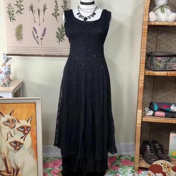 Vintage 90s Floral Layered Maxi Dress Whimsigoth Dark Fairy Romantic Goth M L - Picture 1 of 8